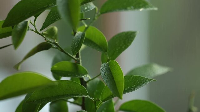 Close-up of raindrops falling onto fresh green leaves of a mandarin tree.