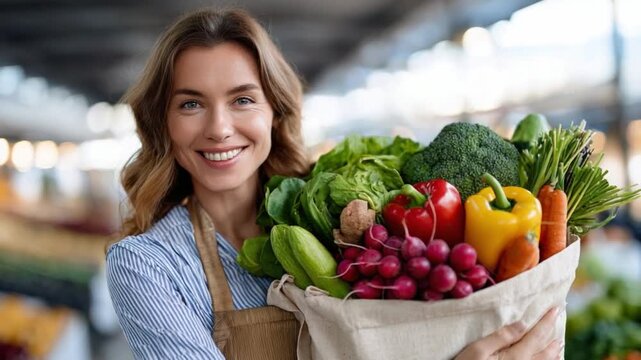 Healthy Harvest: A radiant woman beams with joy, cradling a bountiful tote overflowing with vibrant, fresh produce, embodying the essence of healthy living. 