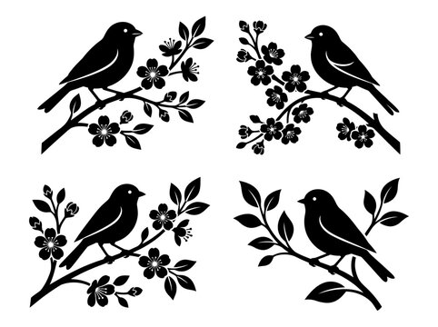 Bird Silhouettes on Blossoming Tree Branches Set - Black Floral Vector Illustration Collection with Cherry Blossoms and Leaves for Spring Nature Decor