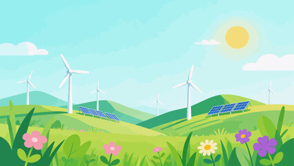 Wind turbines and solar panels in a green field © KY