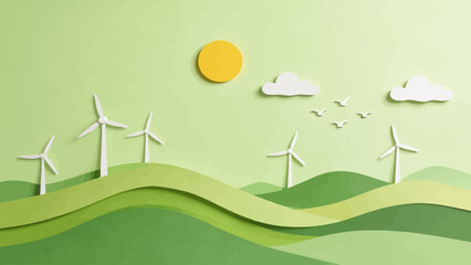 Paper art of wind turbines and green hills © KY