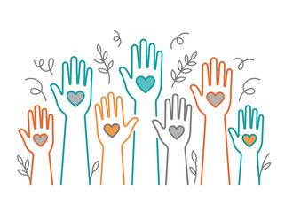 Fototapeta premium Community Volunteer Hands with Hearts Illustration - Charity, Kindness, and Humanitarian Support Concept Art