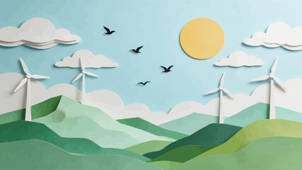 Paper art landscape with wind turbines © KY