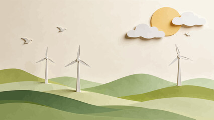 Paper art of wind turbines and birds © KY