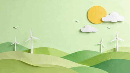 Paper art of wind turbines and green hills © KY