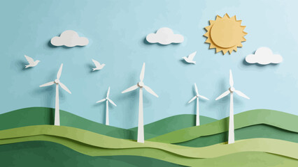 Paper art of wind turbines and sun © KY