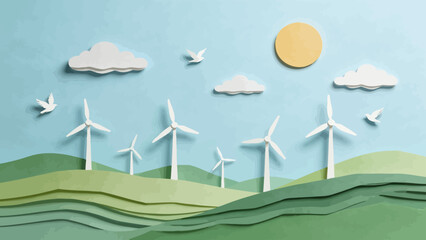 Paper art of wind turbines and birds © KY