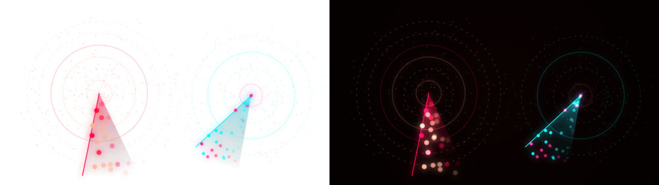 PNG image of&nbsp;Abstract digital radar display elements, featuring glowing lines, triangular beams, concentric rings, and scattered data points on transparent background.