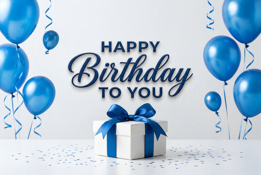 Happy birthday to you greeting with blue balloons and white gift box with blue ribbon