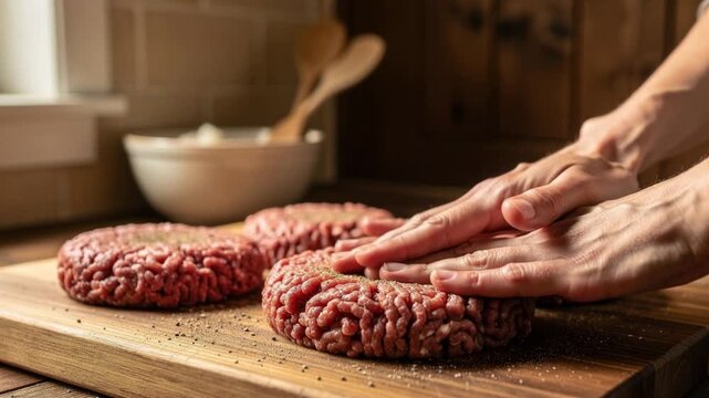 Hands carefully seasoning and shaping fresh ground beef patties for cooking and grilling