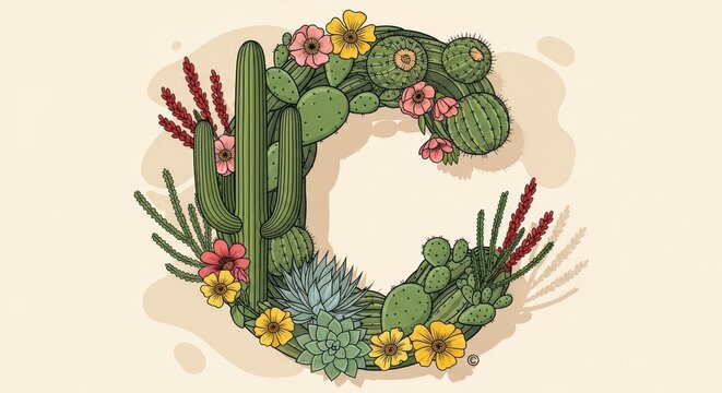 Letter C is creatively composed of various desert cacti and blooming spring flowers.