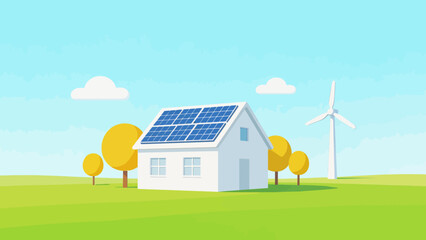 House with solar panels and wind turbine © KY