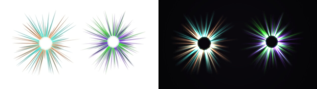 PNG image of&nbsp;abstract glowing burst effect with colorful light rays emanating from a central dark core on transparent background