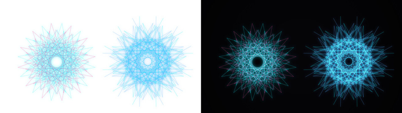 PNG image of&nbsp;intricate geometric fractal starburst patterns composed of thin blue and pink lines on transparent background