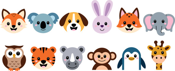 Cute Animal Face Icon Set Featuring Fox, Koala, Dog, Rabbit, Elephant, Owl, Tiger, Rhino, Monkey, Penguin and Giraffe in Flat Vector Style © MstSabera