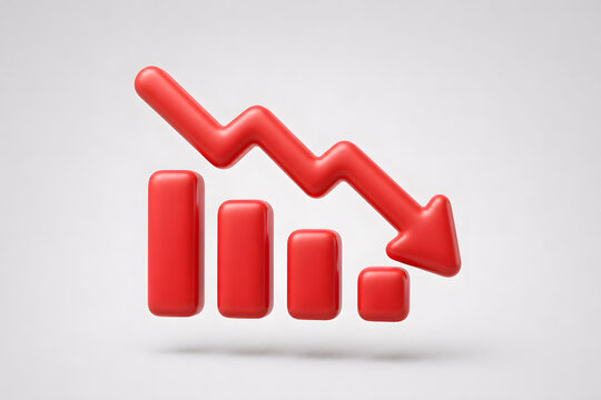 3D icon with downward graph and arrow representing business loss, risk, and financial decline. Ideal for analytics dashboards, finance reports, and market insights.