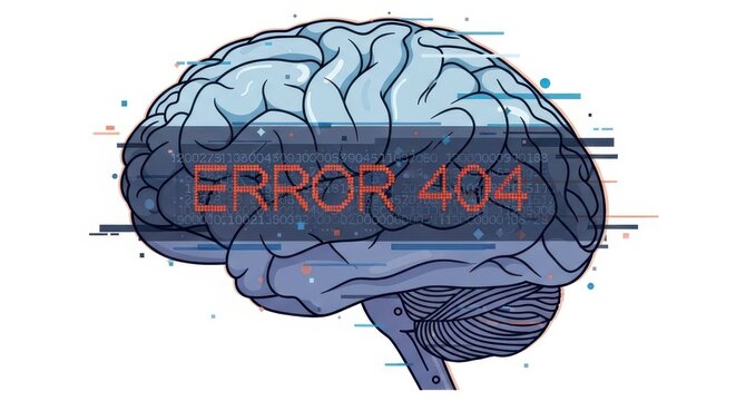 Digital brain illustration displays a technical malfunction notification.