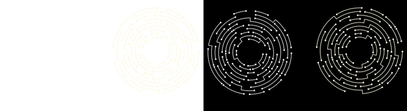 PNG image of&nbsp;An intricate abstract circular design featuring radiating lines and dots, creating a digital data network or circuit board pattern on transparent background.