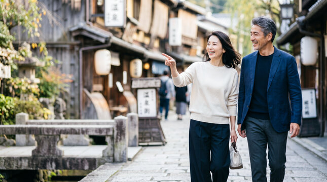 日本の古い町並みを散策するシニア夫婦 温泉旅行の休日