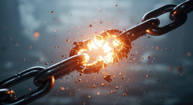Breaking chains a symbol of freedom and overcoming obstacles with fiery intensity