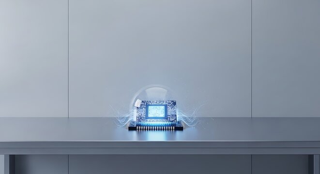 Illuminated electronic component on a reflective surface, showcasing technology and innovation.