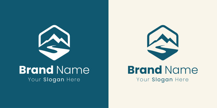 A modern hexagonal logo featuring stylized mountains and a winding river.