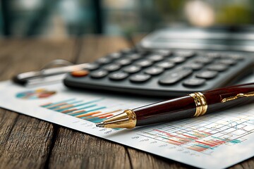 Fototapeta premium Consulting Workspace With Calculator, Pen, and Financial Reports in Bright Light Generative AI