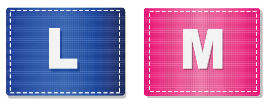 Clothing Size Label Icon Set: Medium and Large Stitched Fabric Tags in Blue and Pink | Professional Apparel Garment Symbols for E-commerce Fashion Stores, Laundry Care, and Product Packaging