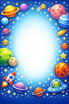 Cartoon space frame with cute planets and rocket ship, colorful galaxy border for kids invitation, outer space background with copy space