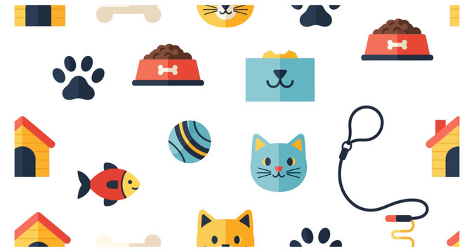 Colorful pattern featuring various pet related items like food bowls toys and houses