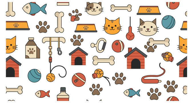 Colorful pattern featuring cats dog houses toys and pet related items