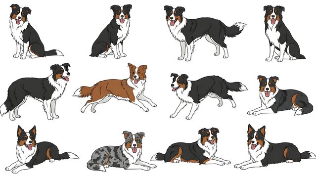 A charming vector illustration collection showcasing twelve different Border Collie dogs in various poses and coat colors, perfect for animal-themed graphic design projects and educational materials