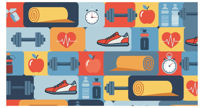 A colorful pattern illustrating health and fitness related icons