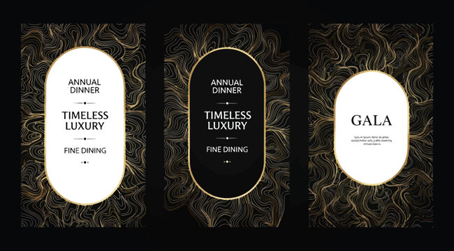 Luxury event invitation templates set with gold abstract wavy line pattern