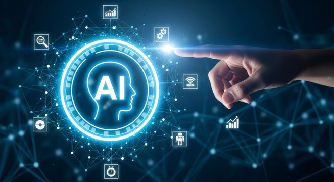 Businessman hand touching digital AI or artificial intelligence hologram interface for machine learning data analysis robotic process automation and generative technology innovation concept