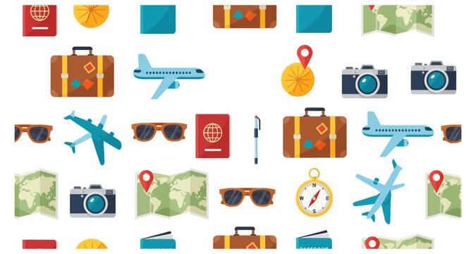 A colorful pattern of travel icons including planes suitcases and passports