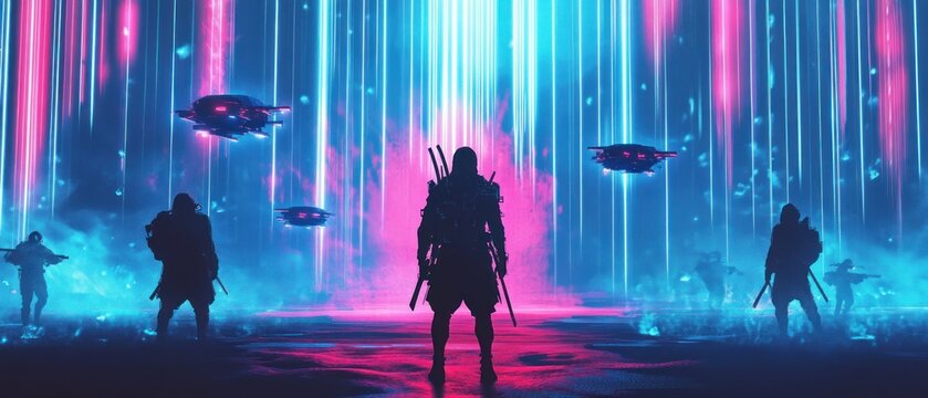 Futuristic samurai warrior facing enemies in a neon light setting