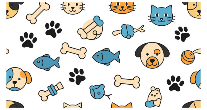 A colorful repeating pattern of cats dogs fish and pet related items