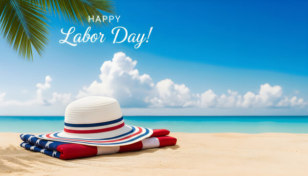 Happy labor day beach scene celebrating american workers with a relaxing summer getaway and patriotic vibes