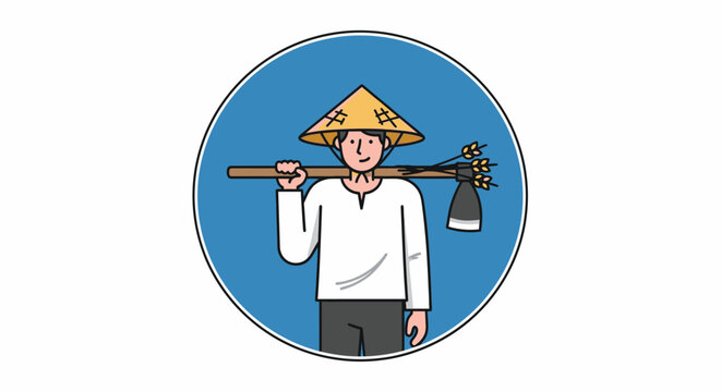 Asian man wearing conical hat.