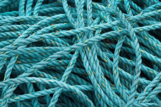 Microscopic view of entangled blue and green fibers