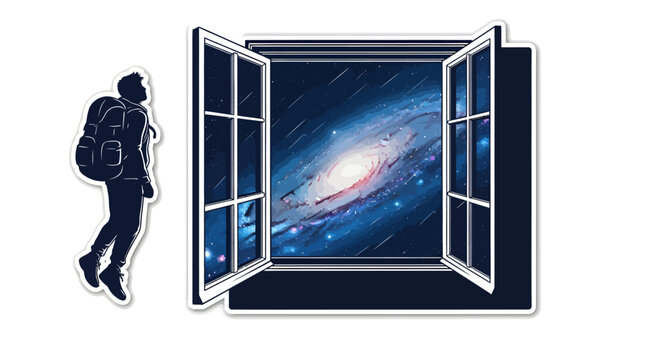 Silhouette of a man with backpack looking out an open window at a swirling galaxy in the night sky