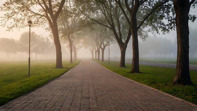 Jogging path near sports park in soft fog symbolizing healthy development and harmony.