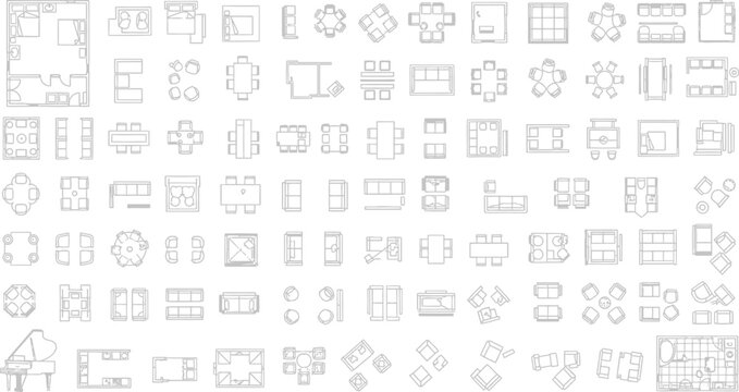 Large Collection of Architectural Floor Plan Furniture Symbols Vector Set for Interior Design Blueprint Planning and Home Layout Technical Drawing