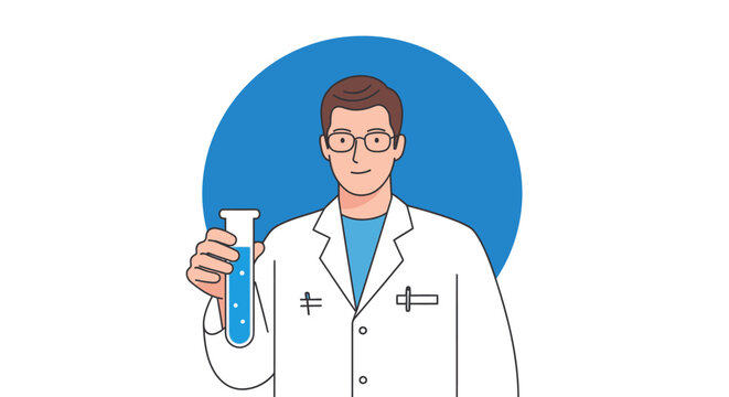 Scientist in lab coat holding test tube.