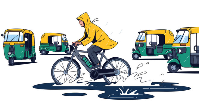 Cyclist in yellow raincoat riding through puddle on city street with tuk tuks