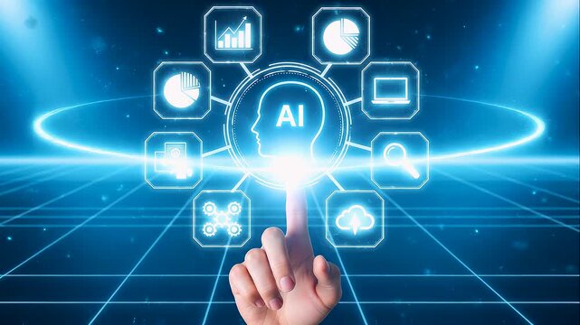 Hand tapping digital AI hologram interface for artificial intelligence business process automation data analysis autonomous workflow orchestration and futuristic technology innovation concept