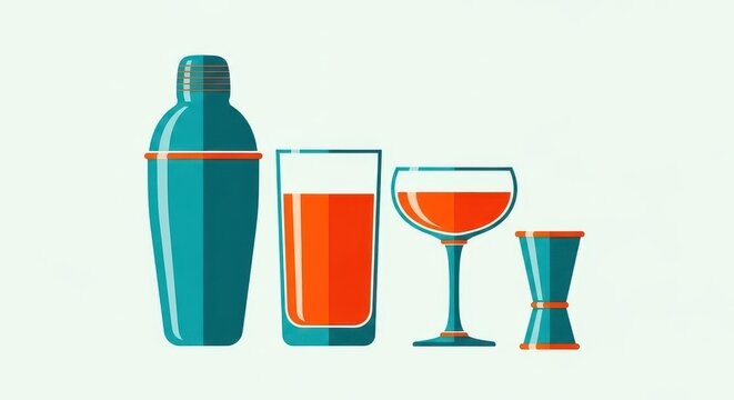 Cocktail mixing tools and glassware are displayed against a clean background.