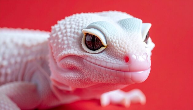 Macro Portrait of a White Leopard Gecko with Large Dark Eyes on a Solid Red Background