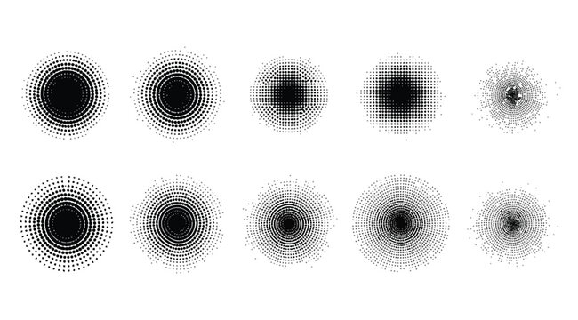 Set of halftone radial gradient dots, circular halftone patterns